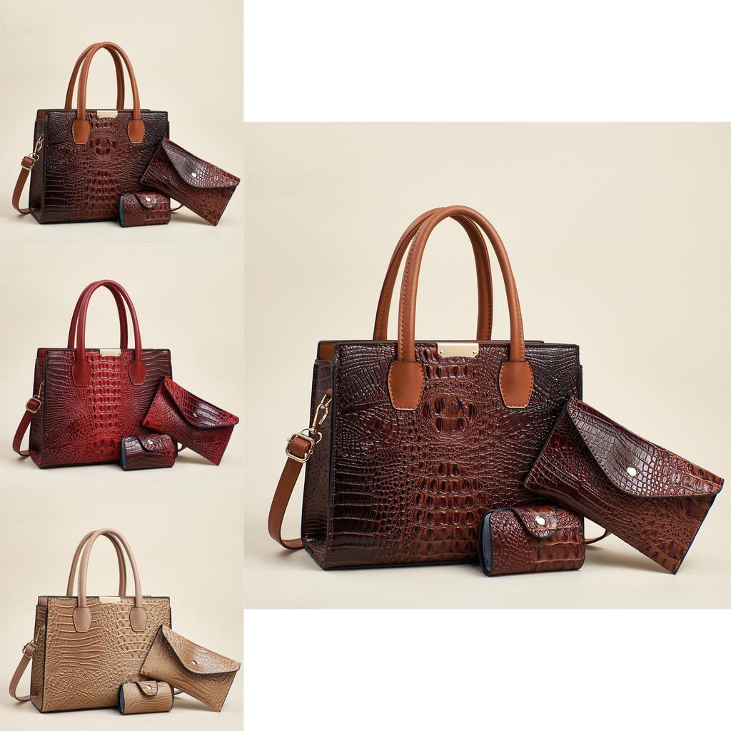 Fashion Solid Color Crocodile Texture Women Casual Shoulder Bag Three Piece Set For Work And Travel