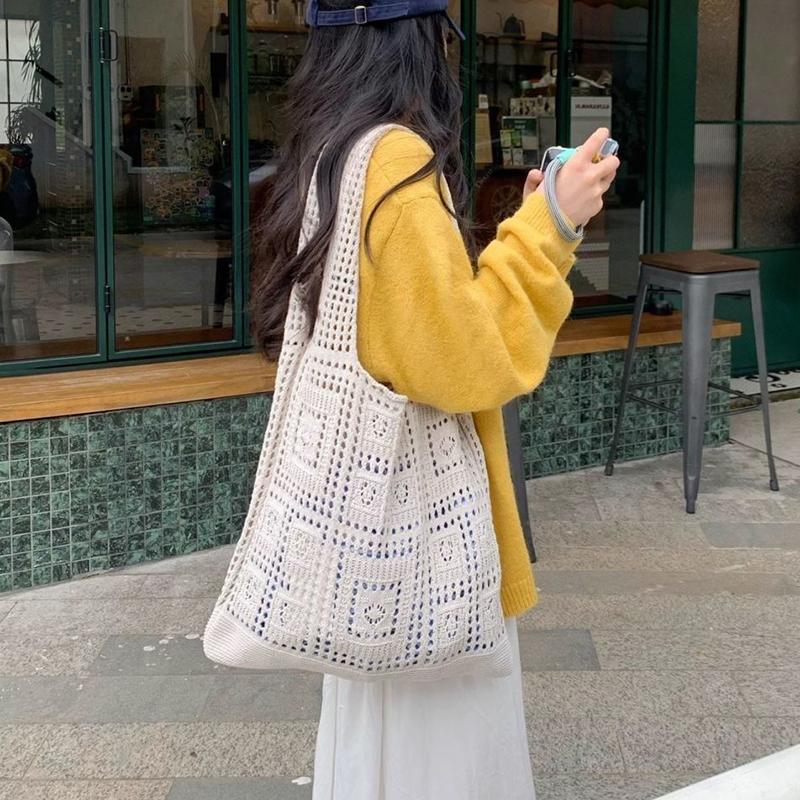 Simple Crochet Tote Bags Fashion Hollow Knitted Women's Bags Casual Female Shoulder Bags Ladies Shopping Top-Handle