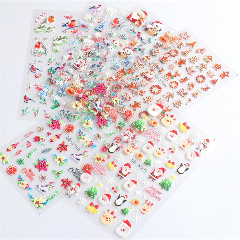 5D Nail Art Stickers Embossed Snowflake Snowman Bird Pattern Christmas Nail Stickers Nail Art Decor Decals