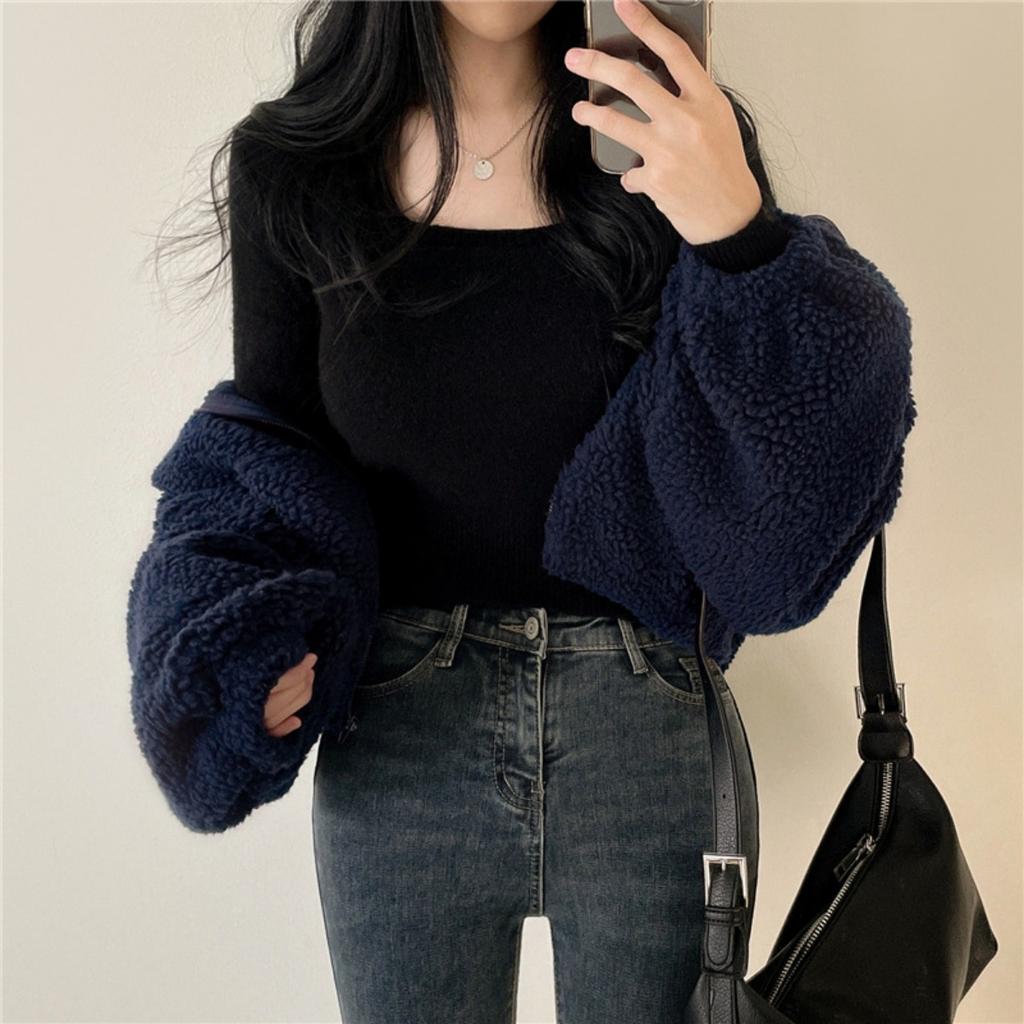 Короткая, со стойкой, теплая, шерстяная куртка, женская, свободного кроя, на молнии, кардиган, топ