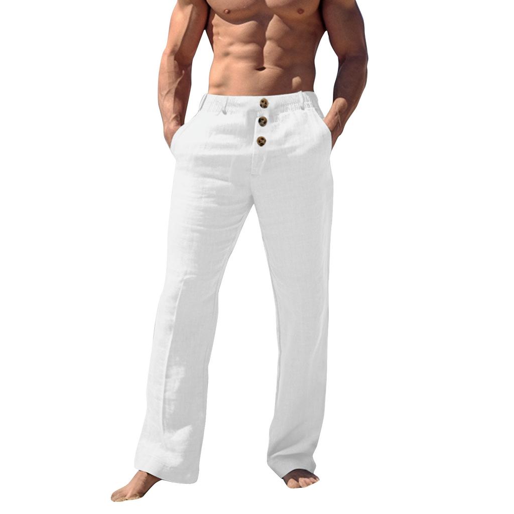 Мужские повседневные свободные и удобные повседневные брюки, хлопковые льняные брюки с пуговицами