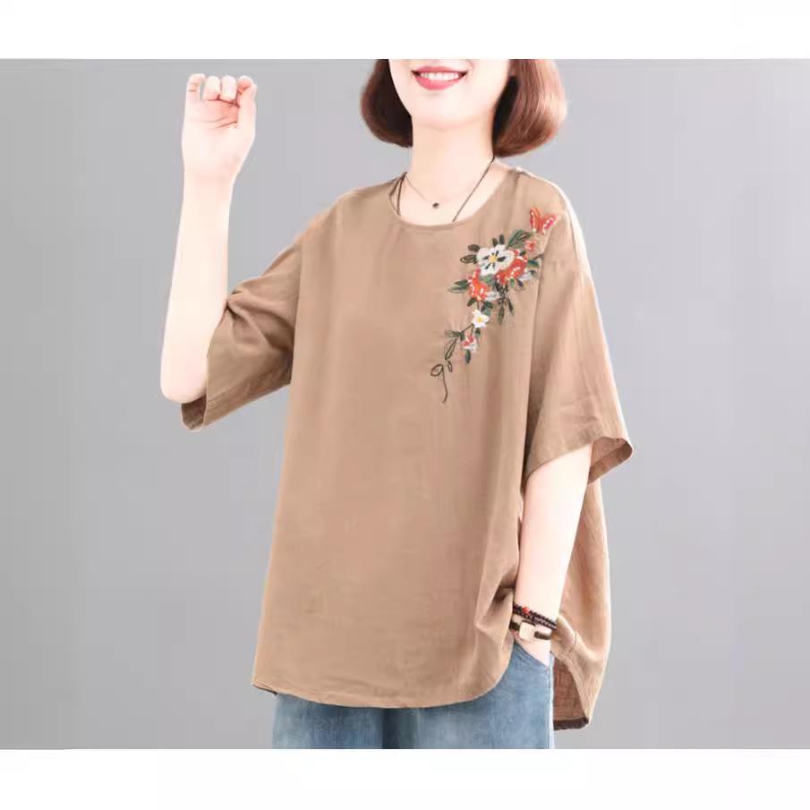 Женская ретро футболка в корейском стиле большого размера с вышивкой из хлопка и льна