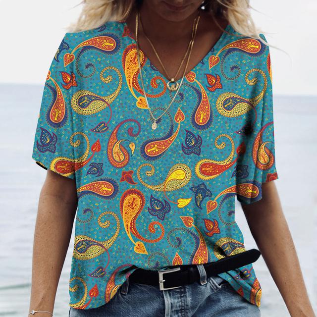 Винтажный топ с принтом, женская уличная одежда с короткими рукавами, летняя футболка, женская модная повседневная футболка с v-образным вырезом, женская одежда большого размера Y2k