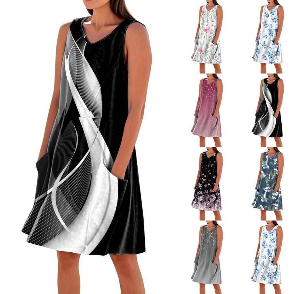 Летние платья для женщин Свободные Пляжный отдых Повседневные Без рукавов V-образный вырез Сарафаны с карманами Платье-майка