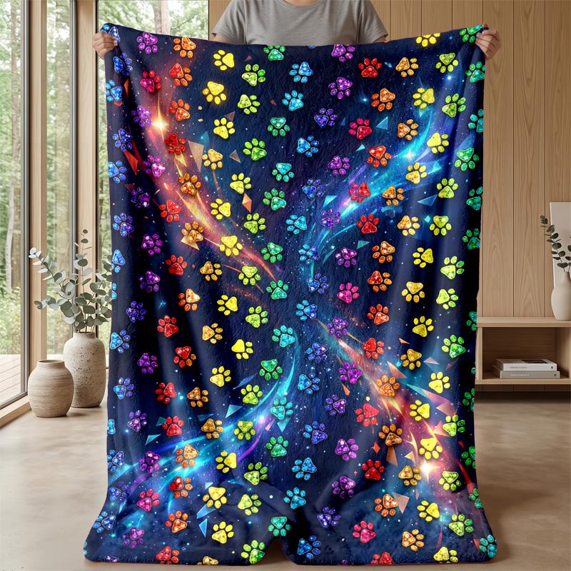 Rainbow Gemstone Paw Prints Theme blanket Lightweight Warm Flannel Blanket Decorative Throw Blanket for Home Decoration