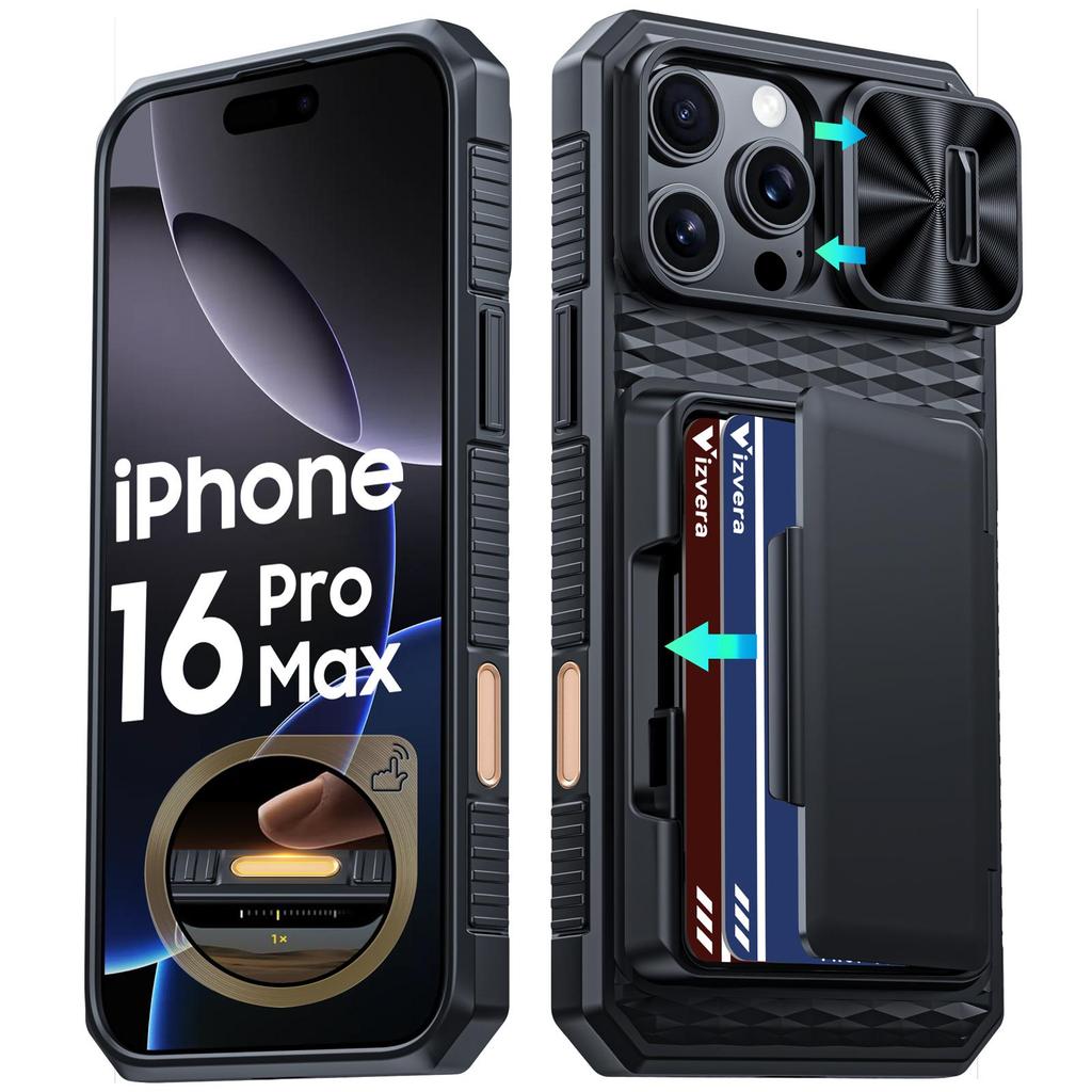 With Card Holder Sliding Camera Cover And Stand For iPhone 16 Pro Max Phone Case, Anti-Fall PC+TPU Wallet Case-Purple