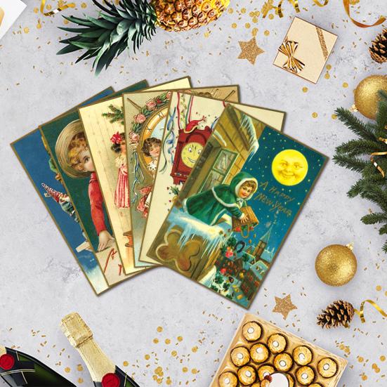 12/24 шт. Поздравительные открытки с Новым годом, ретро-иллюстрации, праздничные открытки с акцентами из золотой фольги для семьи и друзей