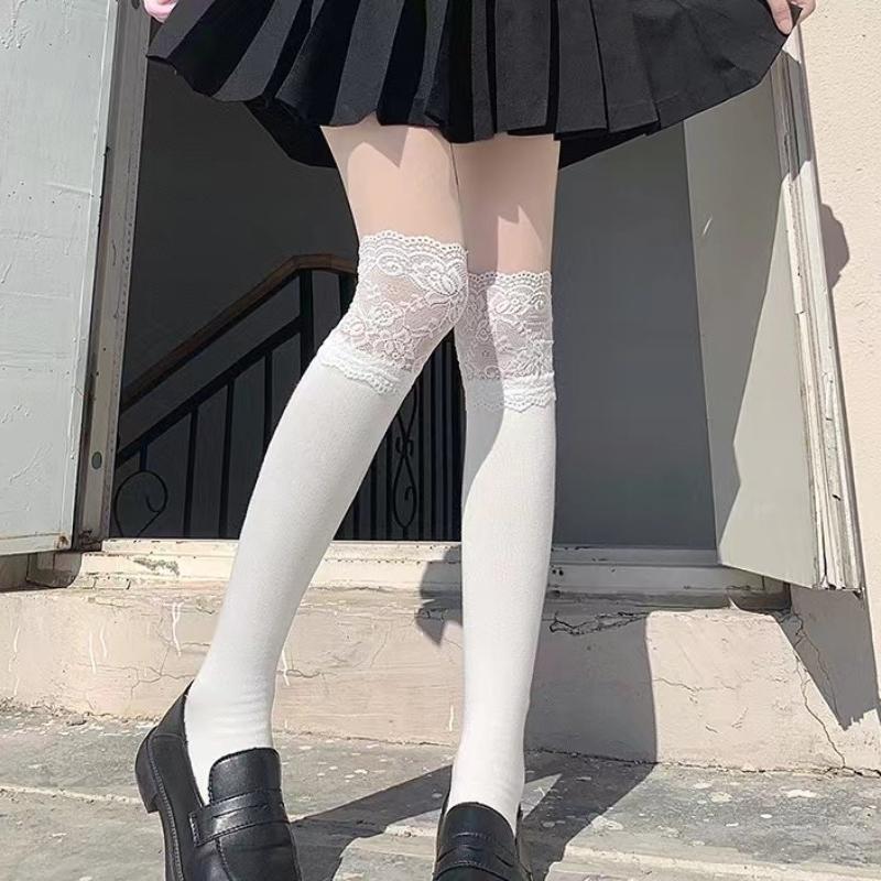 Носки женские осенне-зимние высокие кружевные милые чулки в стиле Лолиты, теплые черные белые длинные носки для девочек, аксессуары для обуви