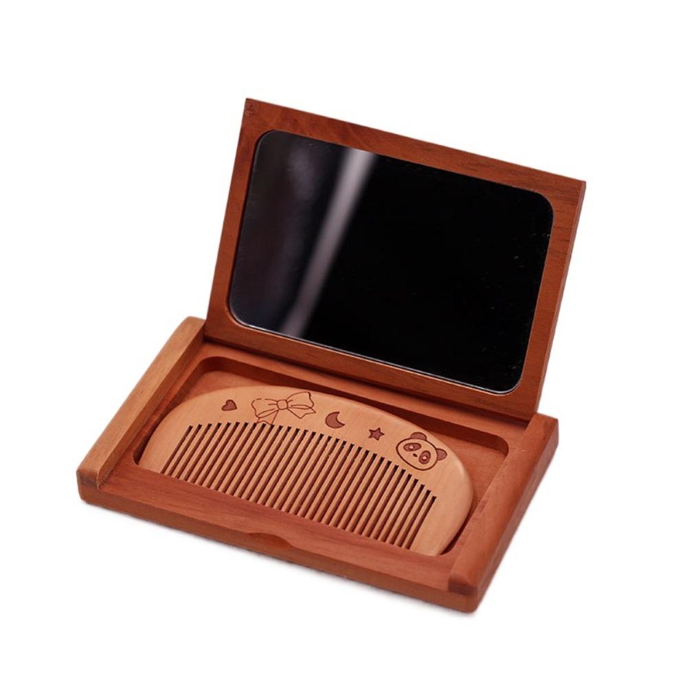 2 in 1 Wooden Comb Mirror Set Peachwood Makeup Mirror Portable Folding Mirror Travel & Home Decor