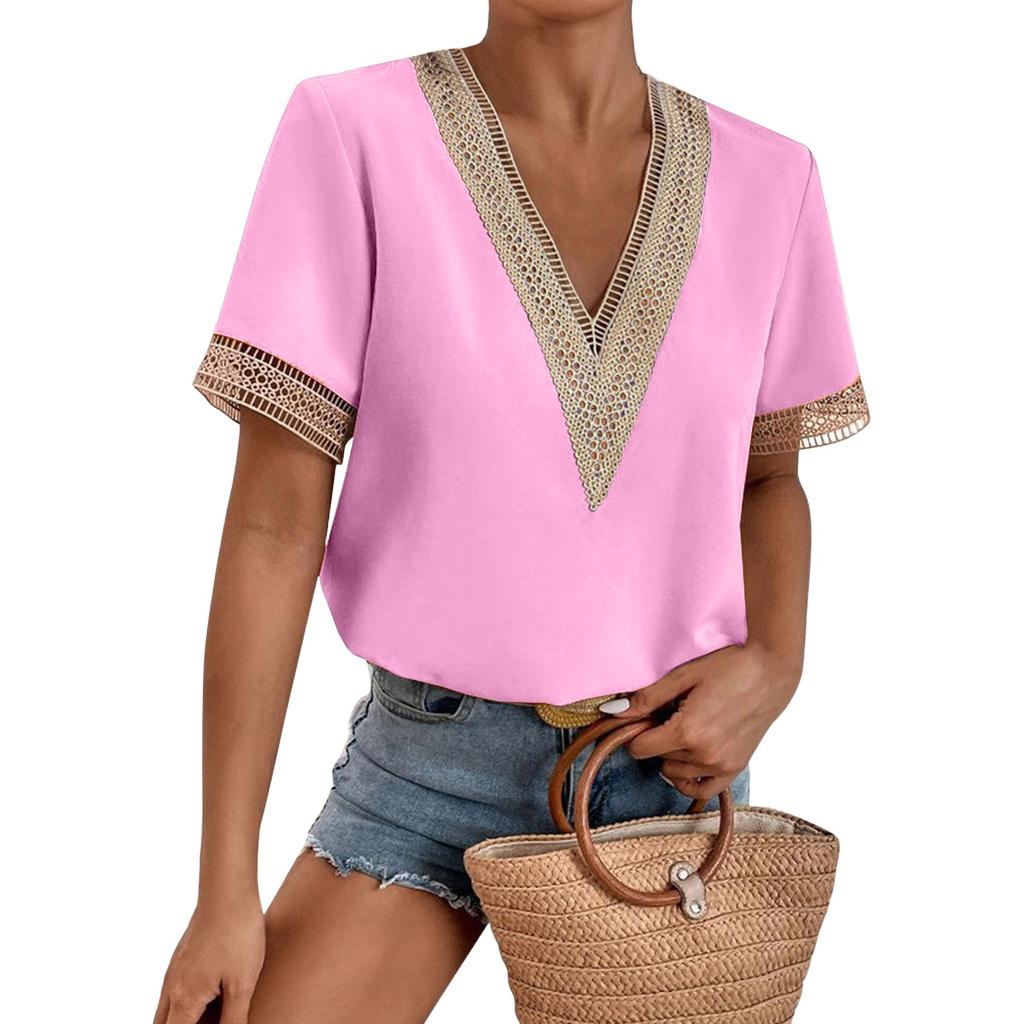 Women's Fashion Solid Color Loose T-shirt Lace Lace Short Sleeve Chiffon Top