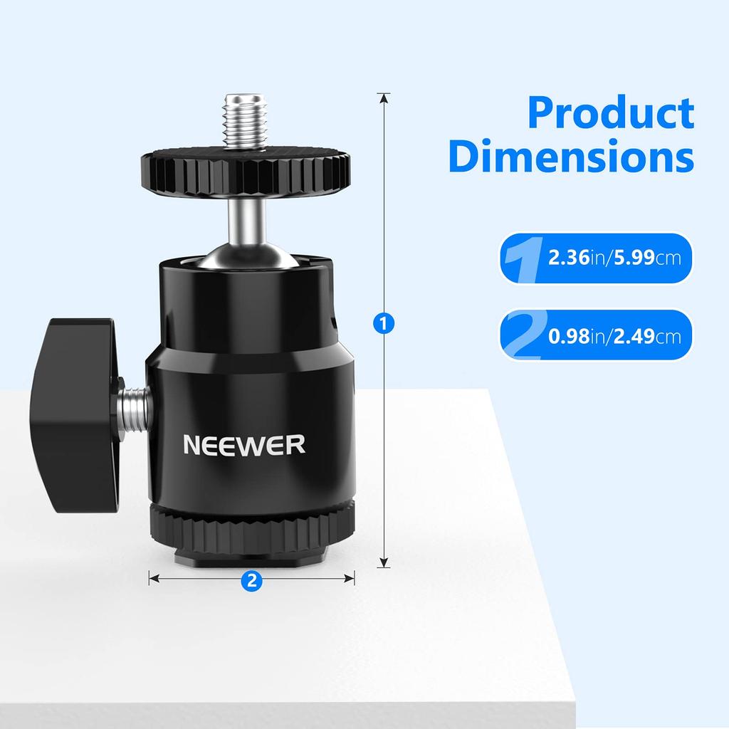 Мини-шаровая головка NEEWER ST17 с 2 креплениями для холодной вспышки и поворотным креплением для горячей вспышки камеры для светодиодных видео- и кольцевых светильников, винты 1/4", наклон 360° и 90°,