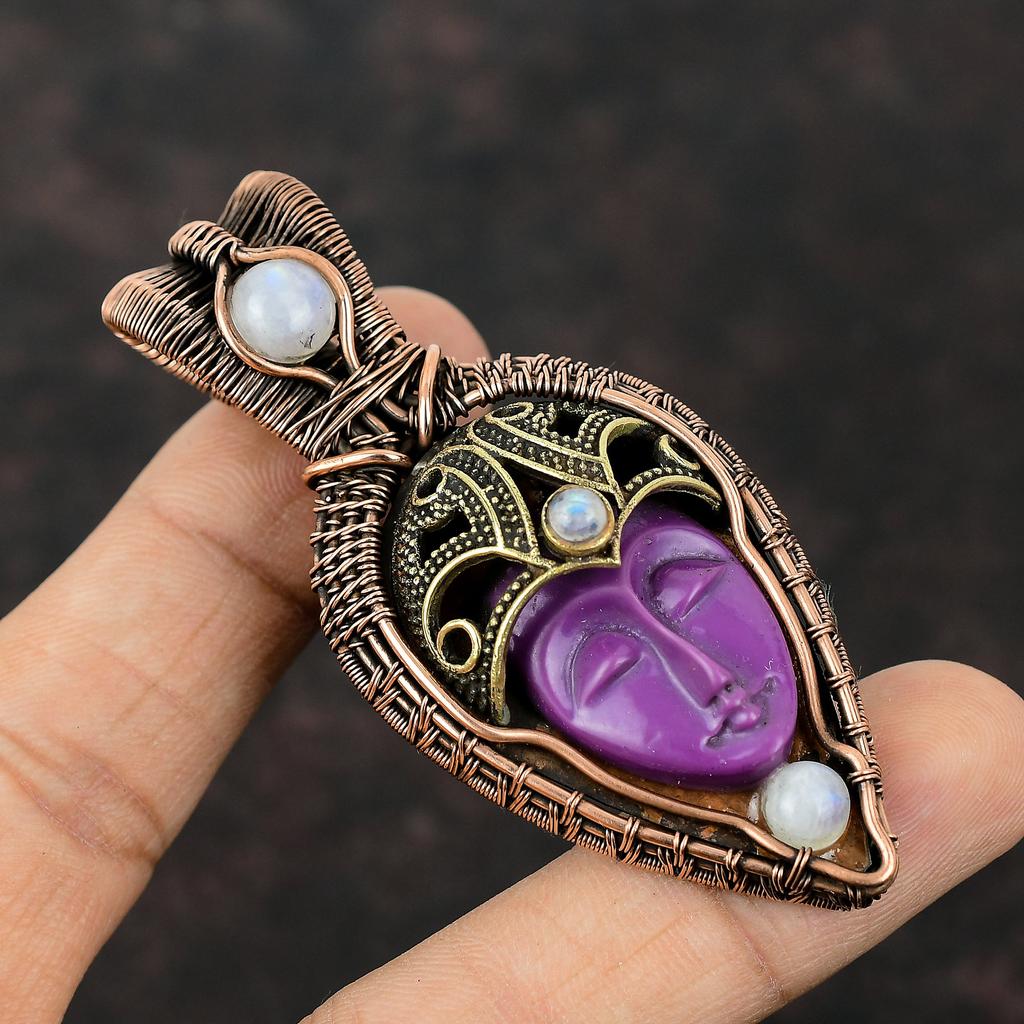 Подвеска в виде лица из резной кости, фиолетовая, обмотанная медной проволокой, подвеска из радужного лунного камня, ручная работа, медное ювелирное украшение, подвеска из драгоценного камня, свадебный подарок