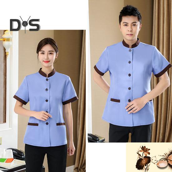 Униформа для ведения домашнего хозяйства в отеле, женская облегающая верхняя одежда с воротником-стойкой и короткими рукавами, однобортные карманы, рабочая униформа, топы