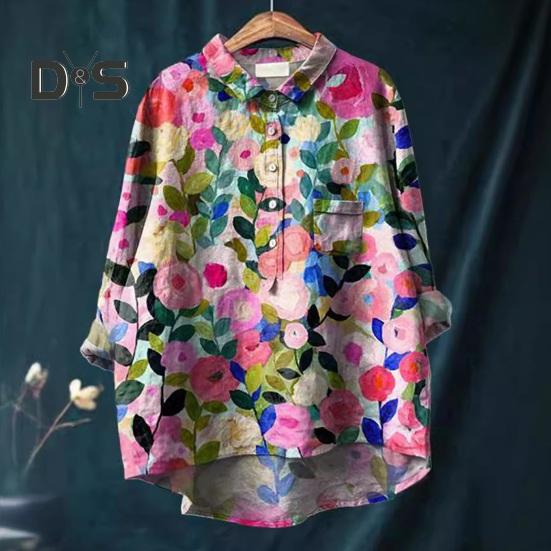 Женская рубашка с лацканами и пуговицами на рукавах 3/4, рубашка с вырезом, топы с цветочным принтом, свободная посадка, повседневная рубашка, тонкая блузка, уличная одежда