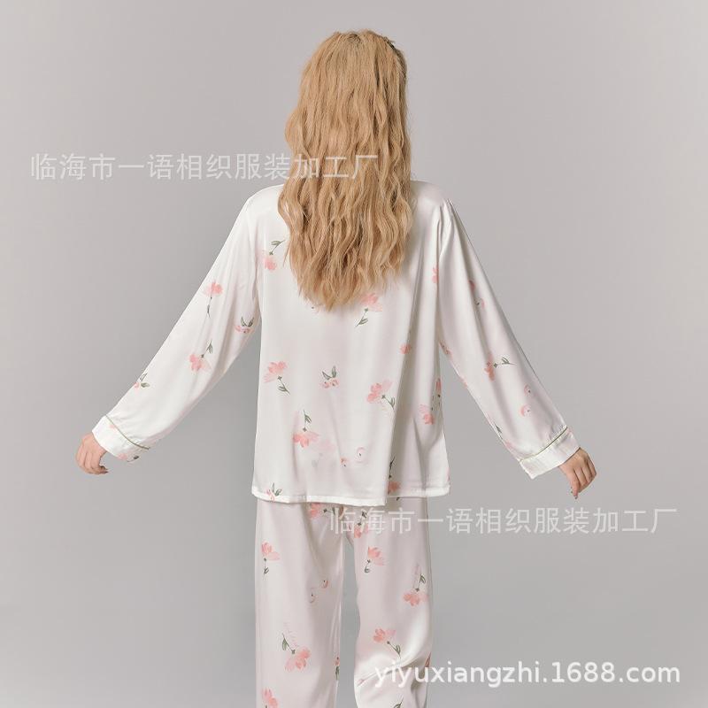New peony double long hair ring lapel pajamas women's Douyin Internet celebrity hot casual comfortable loungewear set