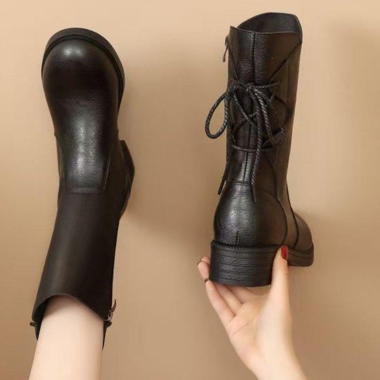 Мягкая кожа ботинки Мартин утолщенные новые полусапоги женские 2025 осень и зима бархатные теплые средний каблук толстый каблук женские хлопковые туфли