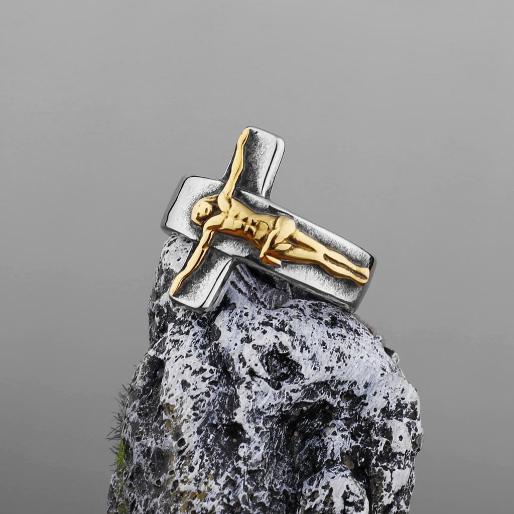 Retro Cross Jesus Stainless Steel Ring for Men & Women Antique Gothic Metal Ring Zircon Christian Accessories Blessing Gift