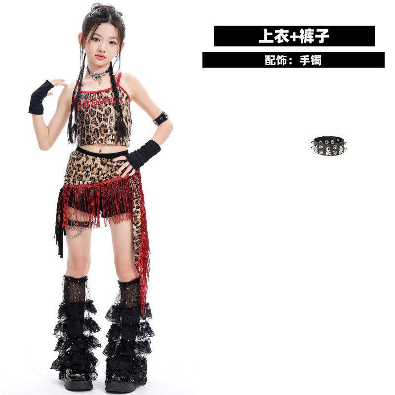 Girls Jazz Dance Costume Leopard Print Crop Top Fringe Shorts Set Performance Practice