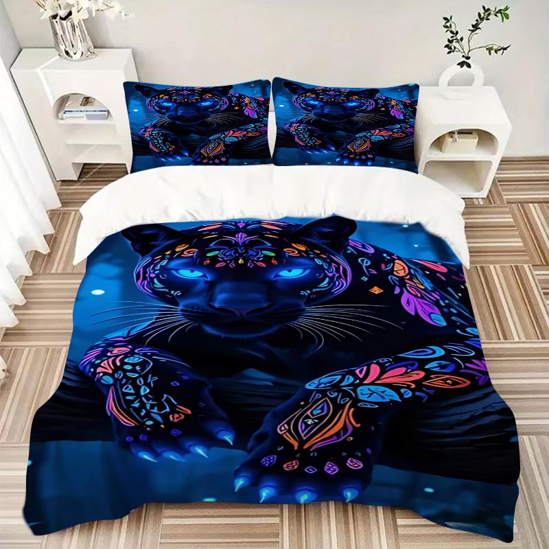 3pcs Neon Panther Print Duvet Cover Set - Machine Washable, Includes 1 Cover and 2 Pillowcases, No Core Included yy251013038