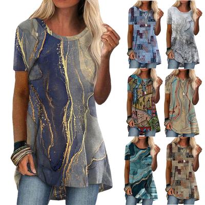 Модная женская летняя повседневная пляжная ретро свободная футболка с круглым вырезом и короткими рукавами с этническим принтом, топы