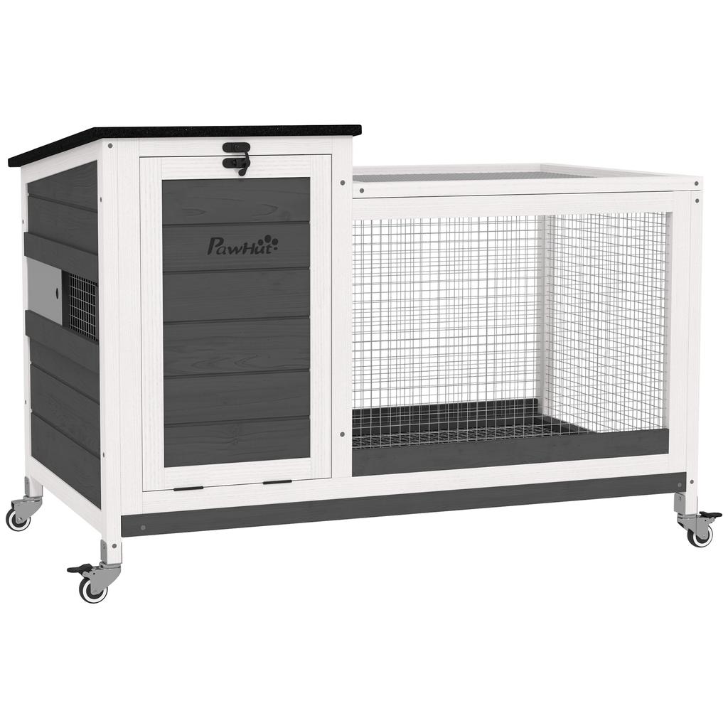 Wooden rabbit hutch with run, wheels, hinged roof, for indoor and outdoor use, 92 x 52 x 67 cm, dark grey