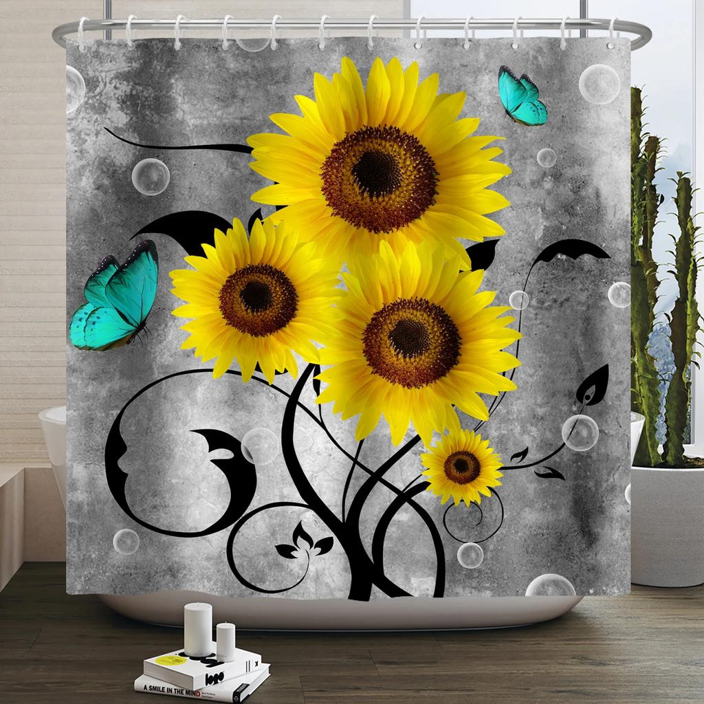 Деревенская занавеска для душа с подсолнухами и ромашками, бабочки, цветочный винтажный кантри фермерский дом, цветок, деревянная доска, водонепроницаемая занавеска для ванной