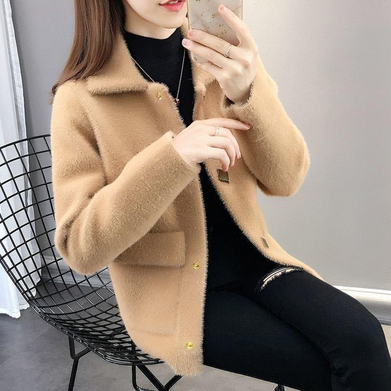 Fuzzy Cardigan Sweater for Women Imitation Mink Velvet Jacket Women Short Mohair Cardigan Lapel Knitted Cardigan Sweaters with Pockets