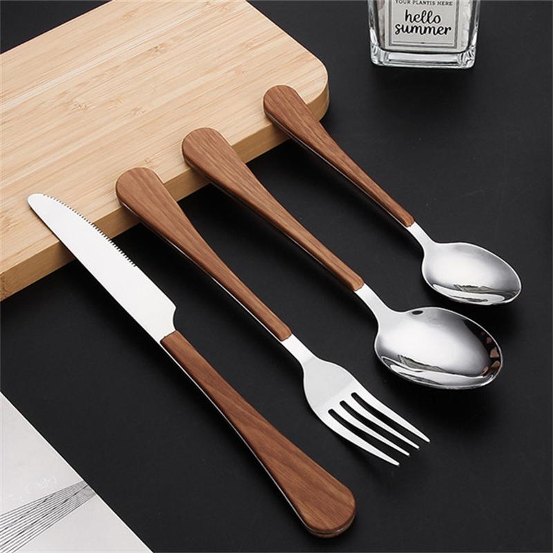 New Stainless Steel Cutlery Set with Imitation Wooden Handle Western Household Spoon Knife Fork Dinnerware Kitchen Tableware