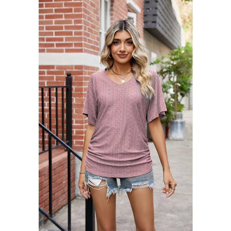 Summer Women's T-shirt with Hollowed Out V-neck Pleated Casual Top