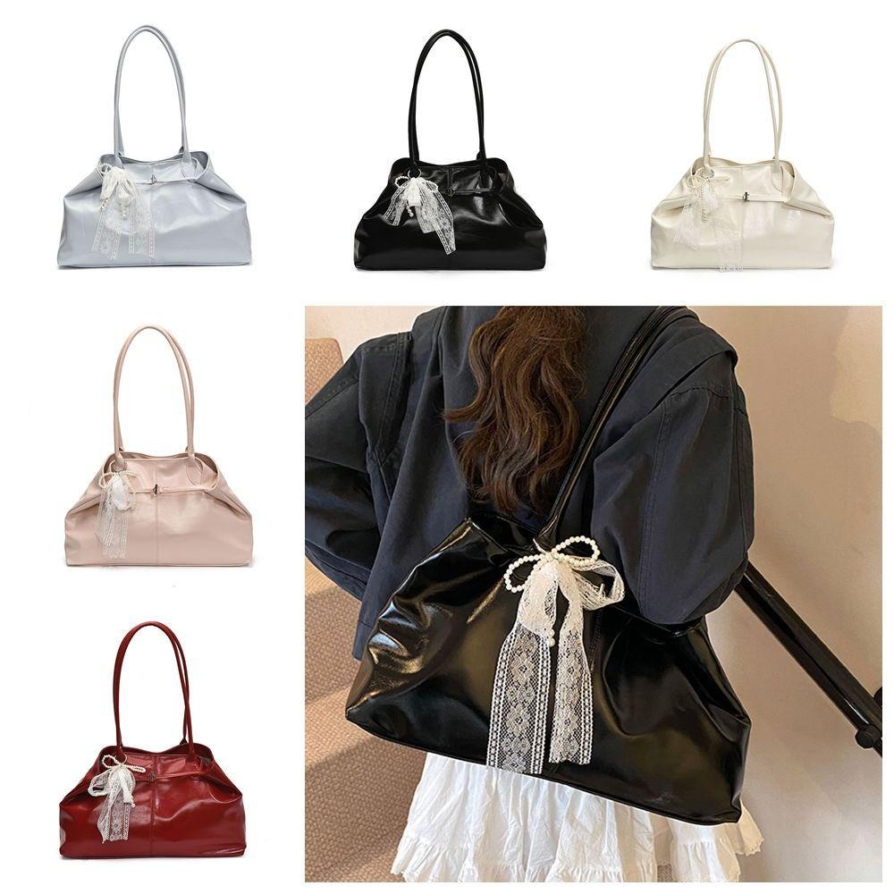 PU Leather Shoulder Bag Tote Bag with Bow Lace Pendant Versatile Armpit Bag Solid Color Large Capacity Underarm Bag Travel