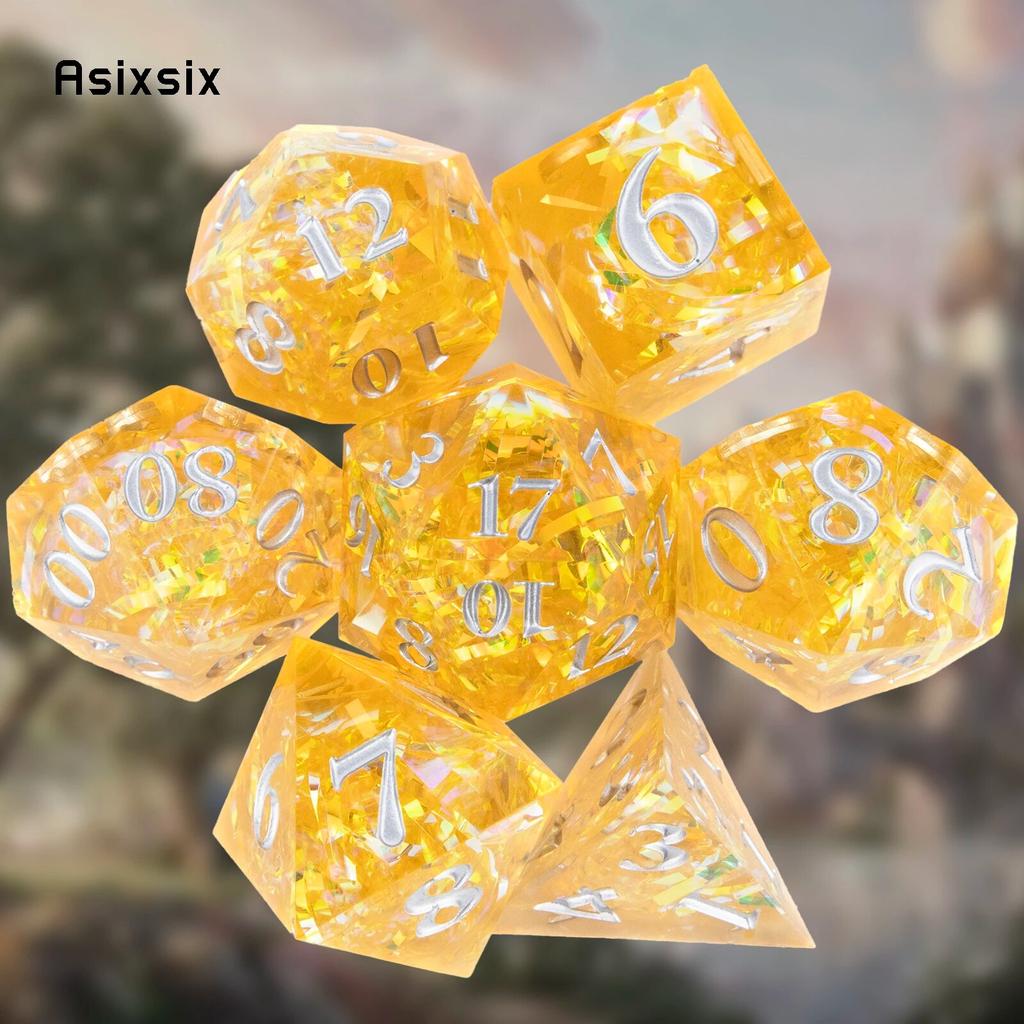 7 шт. желтая смола, белый номер, игральные кости с острыми краями, многогранные кубики, подходящие для ролевых ролевых игр, настольная игра