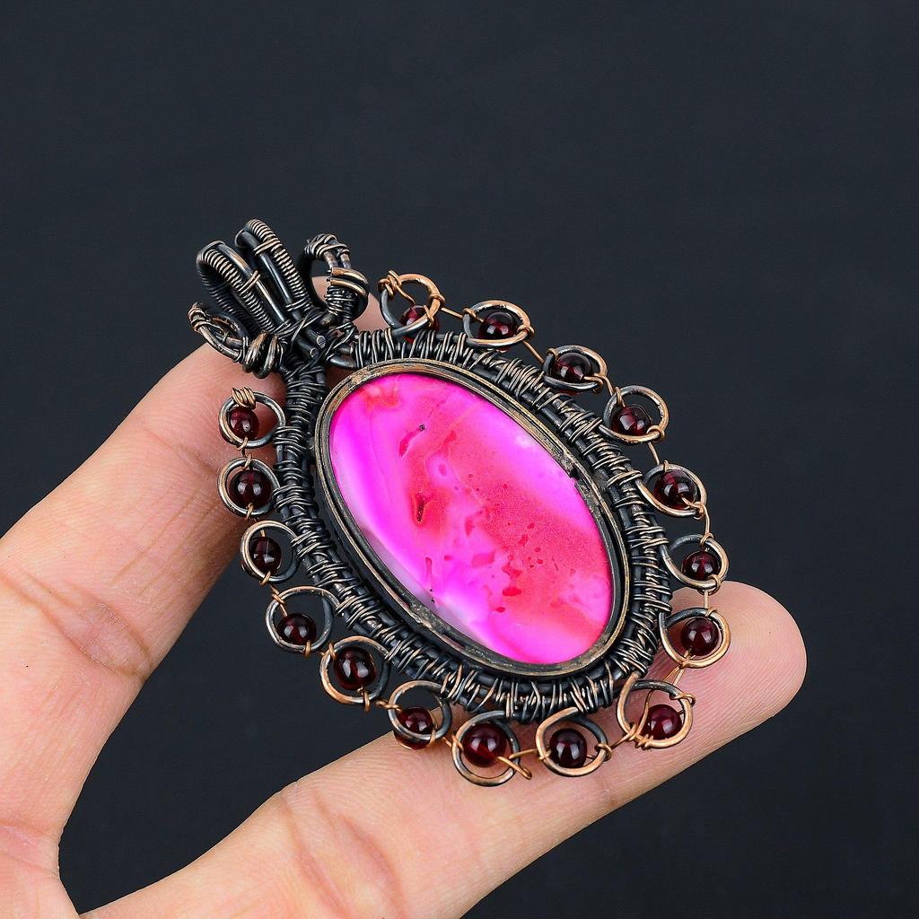 Розовый дендрит опал драгоценный камень чистая медная проволока обернутая ювелирные изделия ручной работы кулон