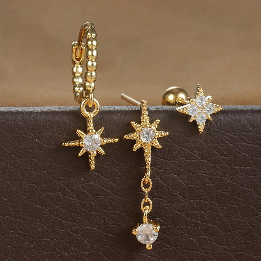 3 шт. комплект из золотых серег-звездочек для женщин, подвеска из циркония, серьги-кольца из нержавеющей стали, трендовые свадебные украшения, pendientes mujer