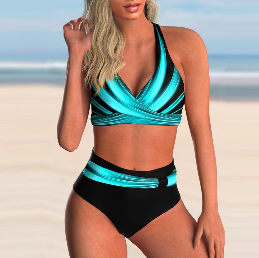 Женский комплект бикини с высокой грудью на бретелях, комплект из двух частей, бикини Pringt, пляжная одежда