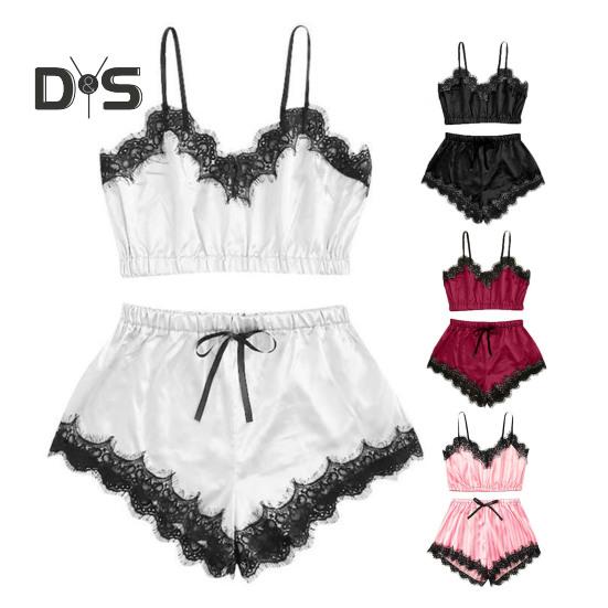 Женский пижамный комплект из 2 предметов, кружевная отделка, V-образный вырез, укороченный топ на бретельках, эластичный пояс, шорты, повседневный комплект без рукавов, домашний комплект