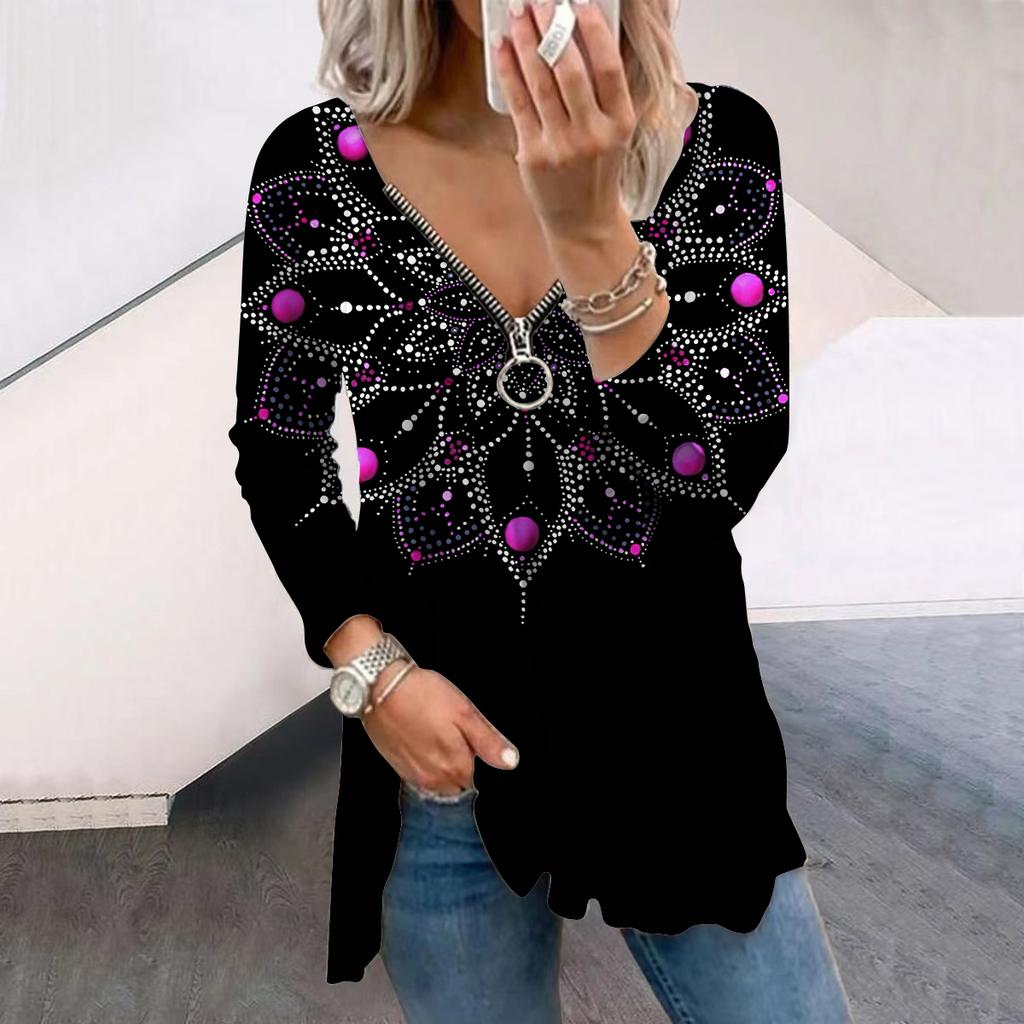 Women Autumn Snowflake Gemstone Printed Long Sleeve T-Shirts Loose V-Neck Plus Size Tee Shirt Tops Comfy Blouse
