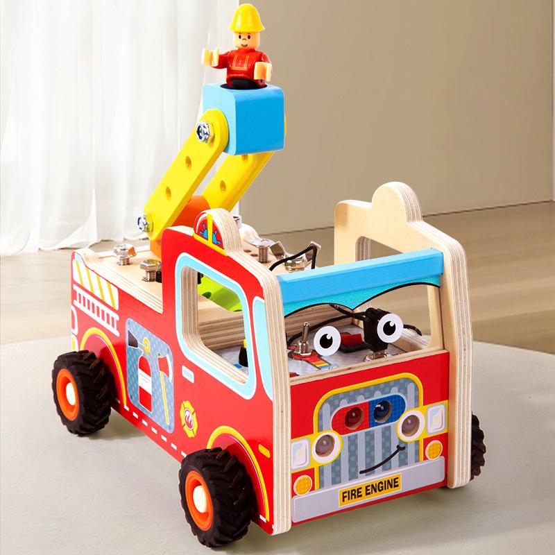 Wooden Led Switch Fire Truck Disassembly And Assembly Screw Nut Tool Cart Children'S Montessori Early Education Educational Toys
