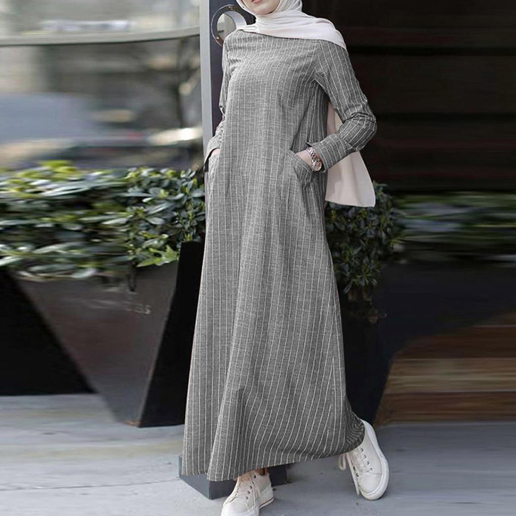 Women Long Sleeve Muslim Islamic Dress Casual Striped Kaftan Dress