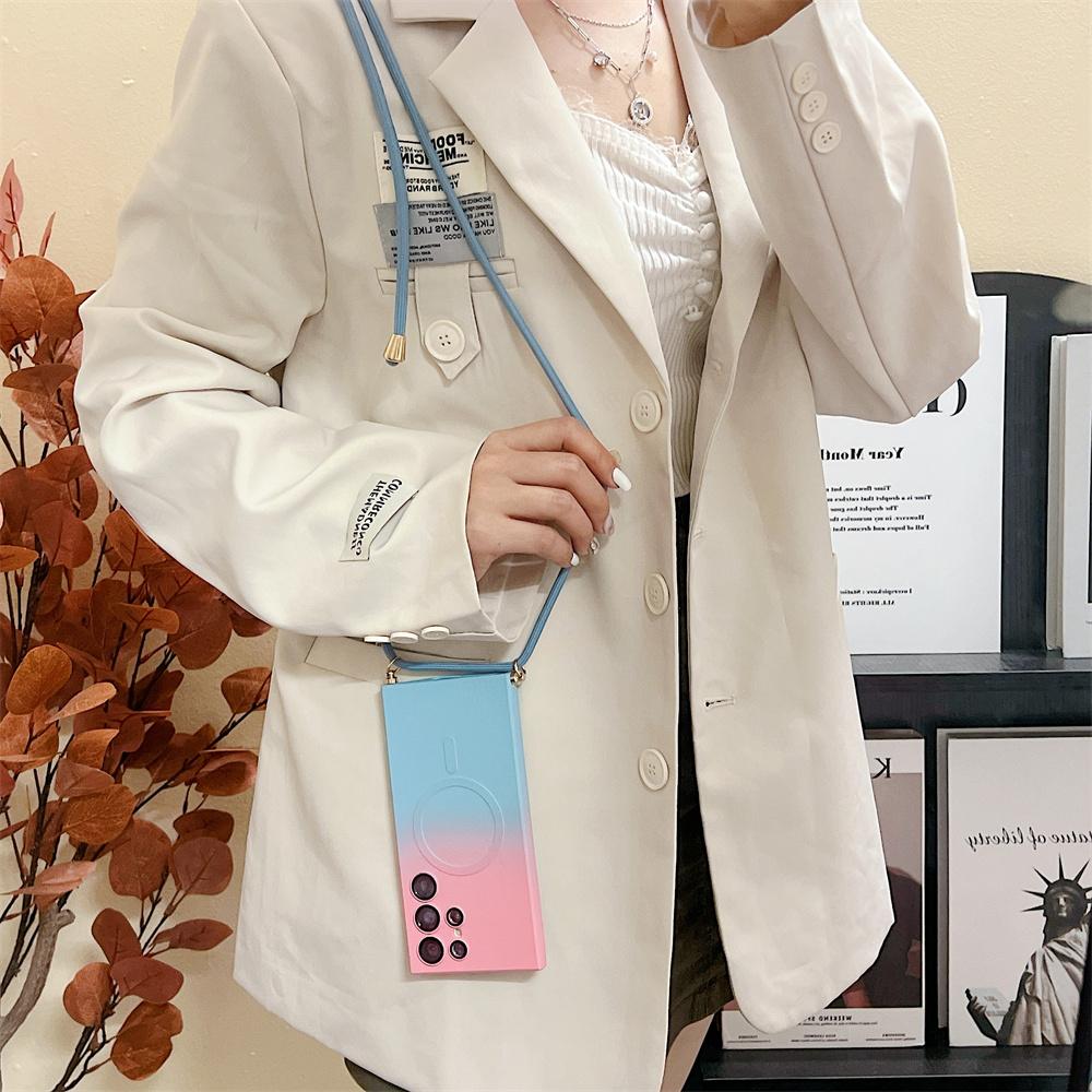 Ремешок через плечо, чехол Magsafe для Samsung S24 S23 S22 Ultra/iphone 15 14 13 12 11 Pro Max, градиентный матовый силиконовый чехол с беспроводной зарядкой, задняя крышка