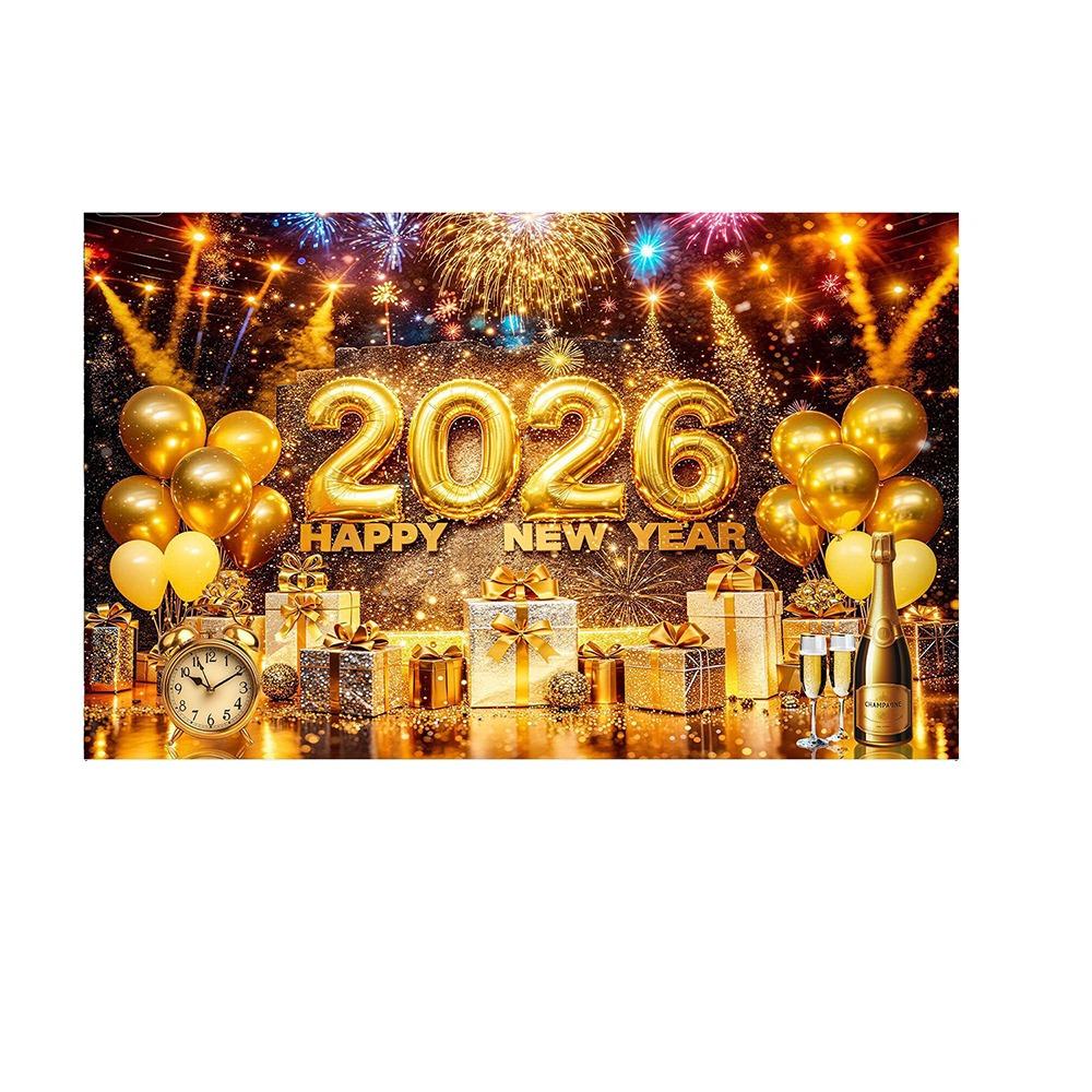 Black Gold 2026 New Year Backdrops Polyester Night Glittering Party Background Colorful Balloon Champagne Photo Background