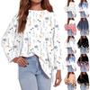 Women's Fashion Oversized Loose T-Shirt Round Neck Long Sleeve Side Slit Retro Floral Print Casual Top