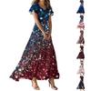 Женские повседневные модные длинные платья с принтом, платья с V-образным вырезом и коротким рукавом