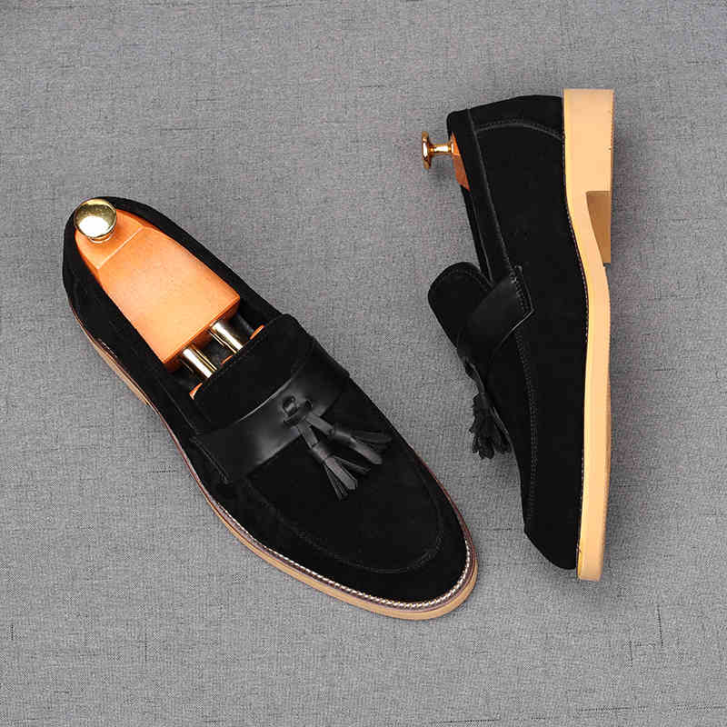 Мода Мода Новые Мужские Заостренные Кисточки Замша Натуральная Кожа Балетки Дизайнер Мужской Выпускной Свадебное Платье Обувь