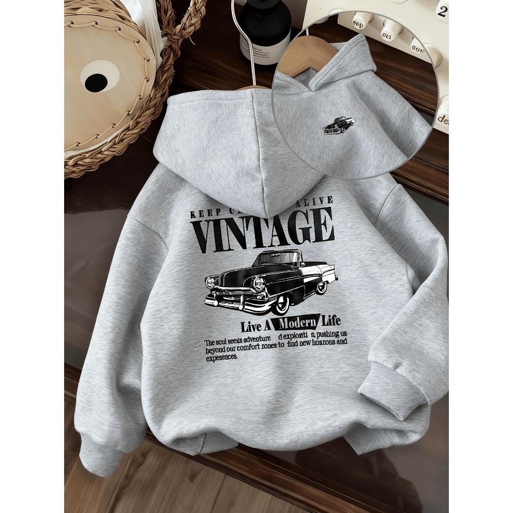 Children's RETRO CAR VINTAGE Letter Printed Hoodie Loose Casual Long-sleeved Top, Spring and Autumn Models