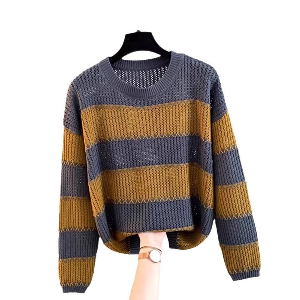Женский свитер с круглым вырезом и длинными рукавами в стиле ретро, модный стиль для поездок на работу, контрастные цветные полосы, свободный пуловер, ажурный вязаный свитер