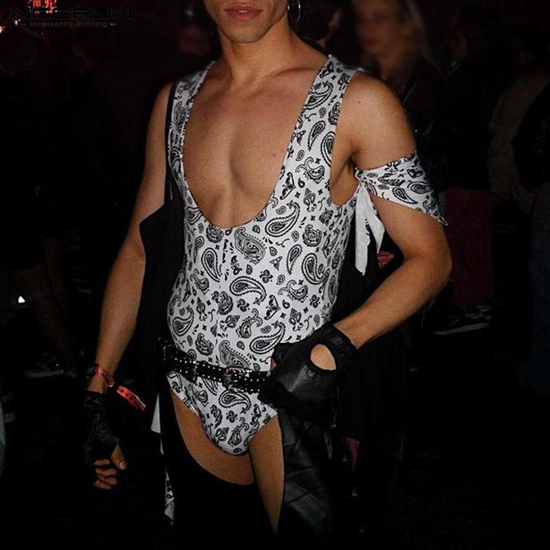 INCERUN Men Deep U Neck Sleeveless Floral Print Bodysuist Leotard Jumpsuits