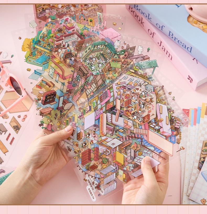 Солнечный город 3D миниатюрная сцена книга-наклейка: Ландшафтный дизайн мультяшного коттеджа ранним утром