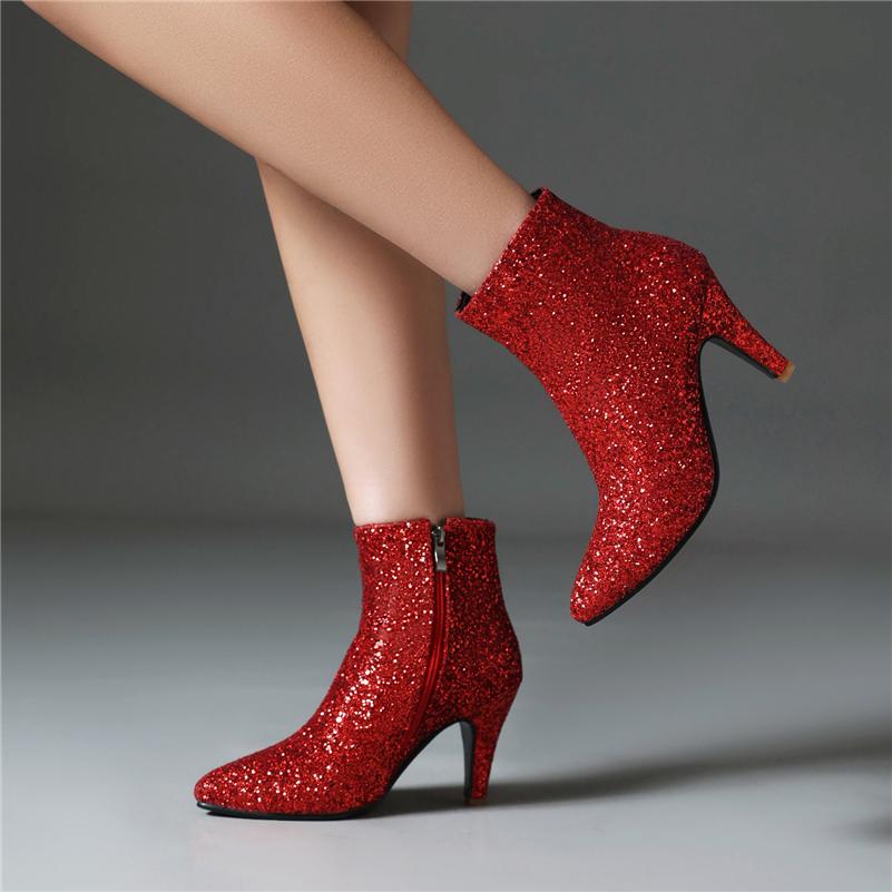 Женские ботильоны с острым носком на массивном высоком каблуке, блестящие короткие ботинки на молнии, женская модная обувь, осень-зима, цвета: золотистый, серебристый