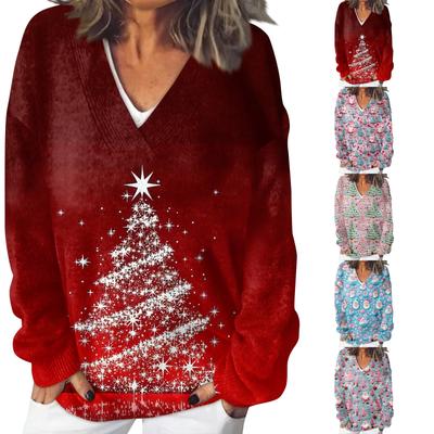 Женский повседневный, модный, комфортный, атмосферный, напечатанный, с V-образным вырезом и длинными рукавами, свободный свитер-топ