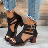 Мода 2025 Летние женские сандалии с открытым носком Толстая подошва Высокий каблук Ретро Нескользящая пряжка Повседневные римские сандалии Женские сандалии
